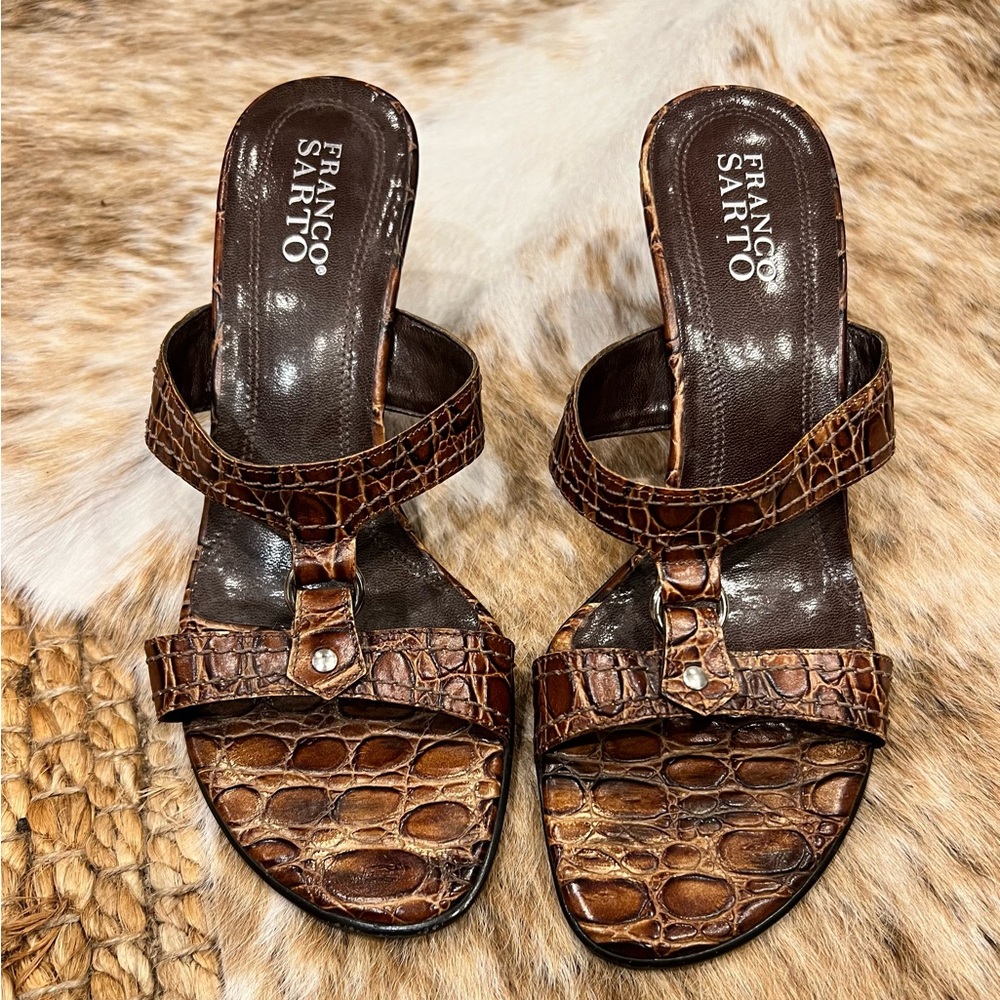 Franco Sarto Croc-Embossed Brown Sandals